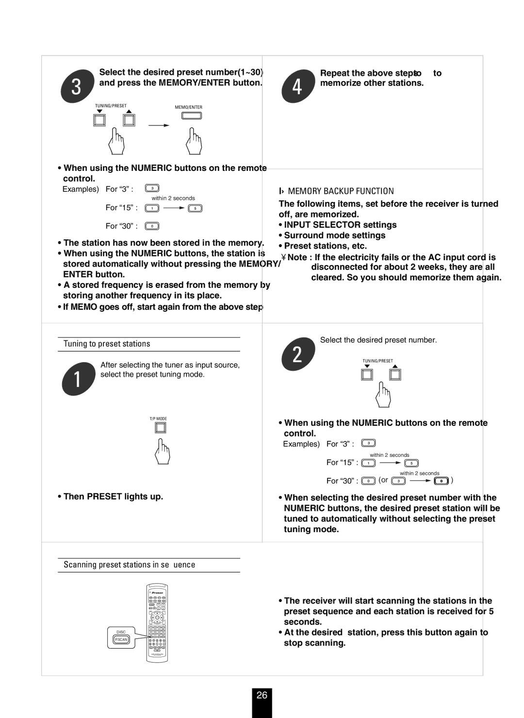 DTS RV4700 DTS-ES manual Tuning to preset stations, Scanning preset stations in sequence 