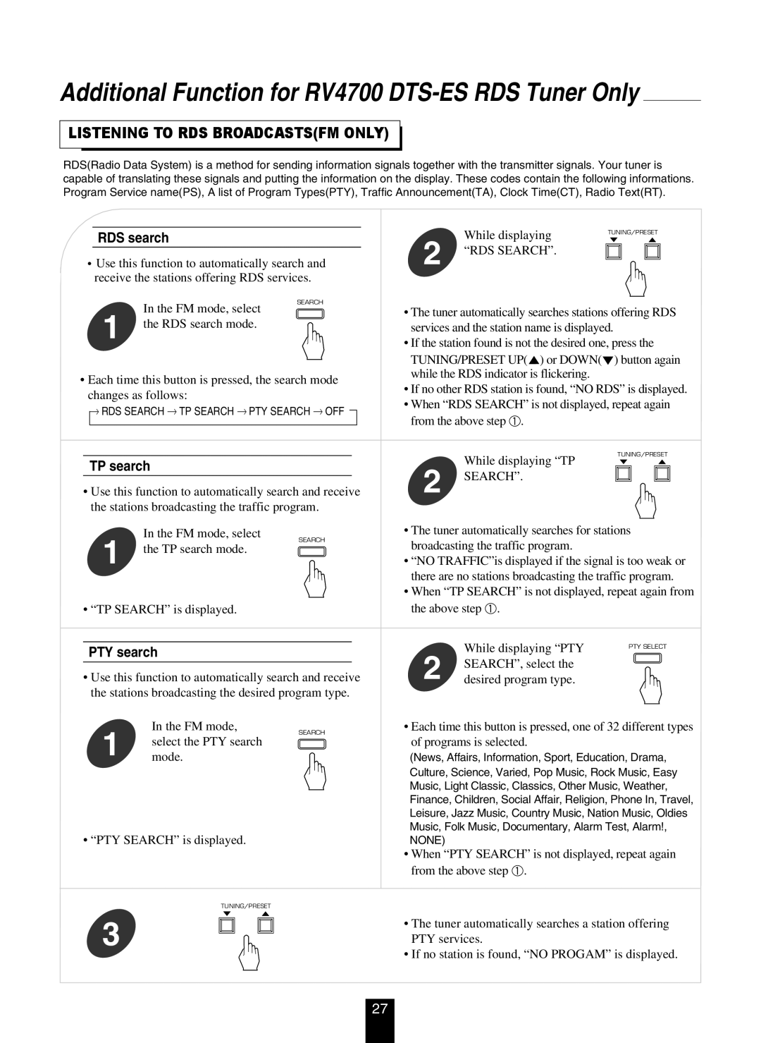 DTS manual Additional Function for RV4700 DTS-ES RDS Tuner Only, Listening to RDS Broadcastsfm only 