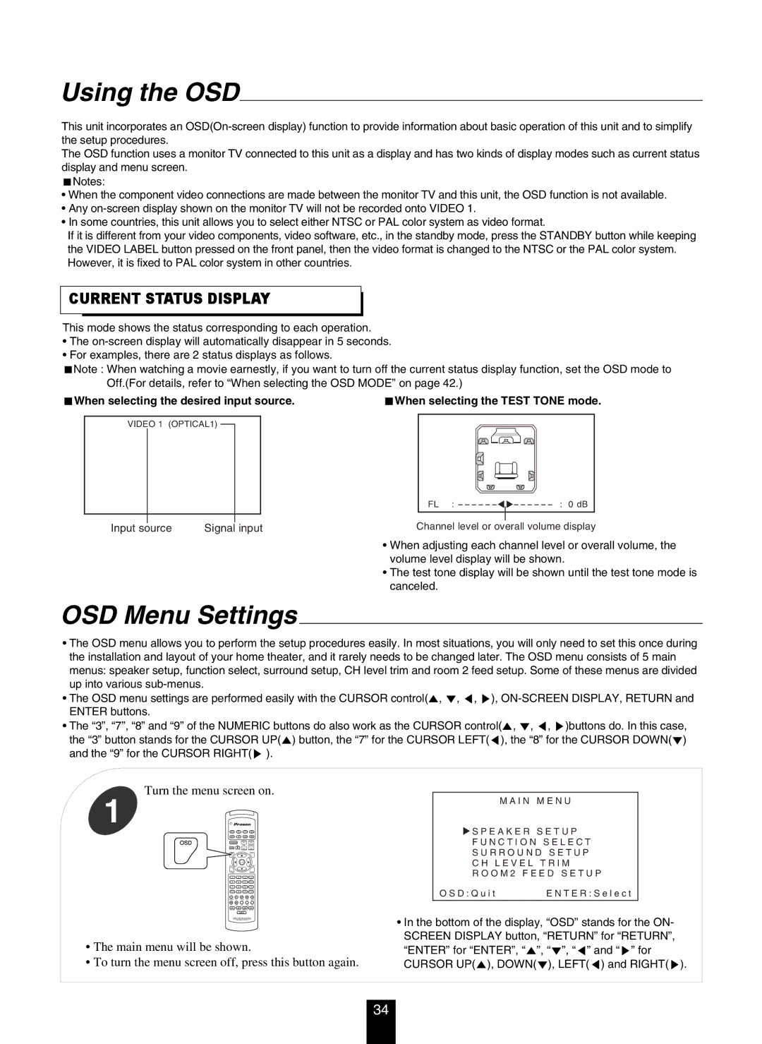 DTS RV4700 DTS-ES manual Using the OSD, OSD Menu Settings, Current Status Display, When selecting the desired input source 