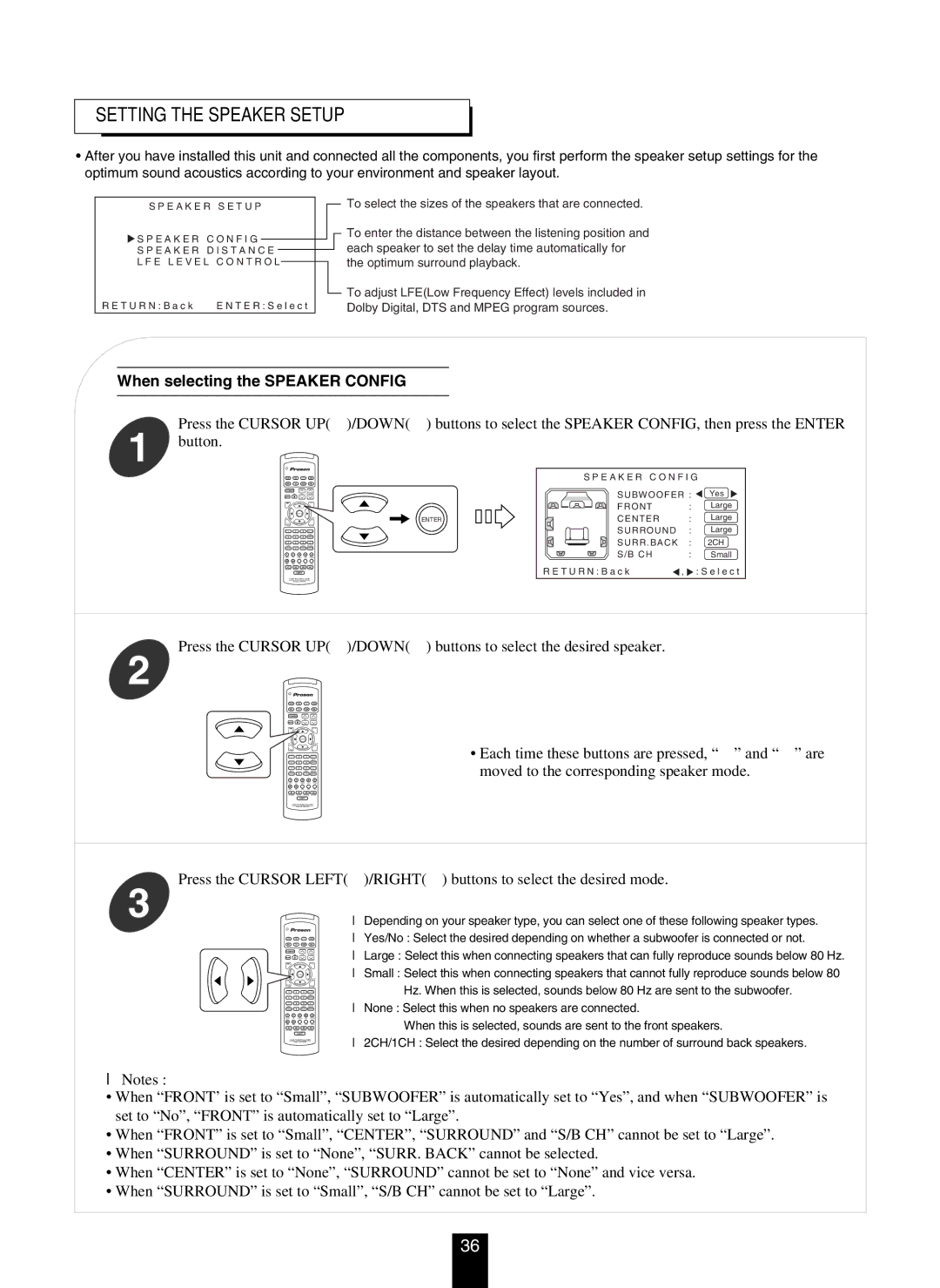 DTS RV4700 DTS-ES manual Setting the Speaker Setup, When selecting the Speaker Config 