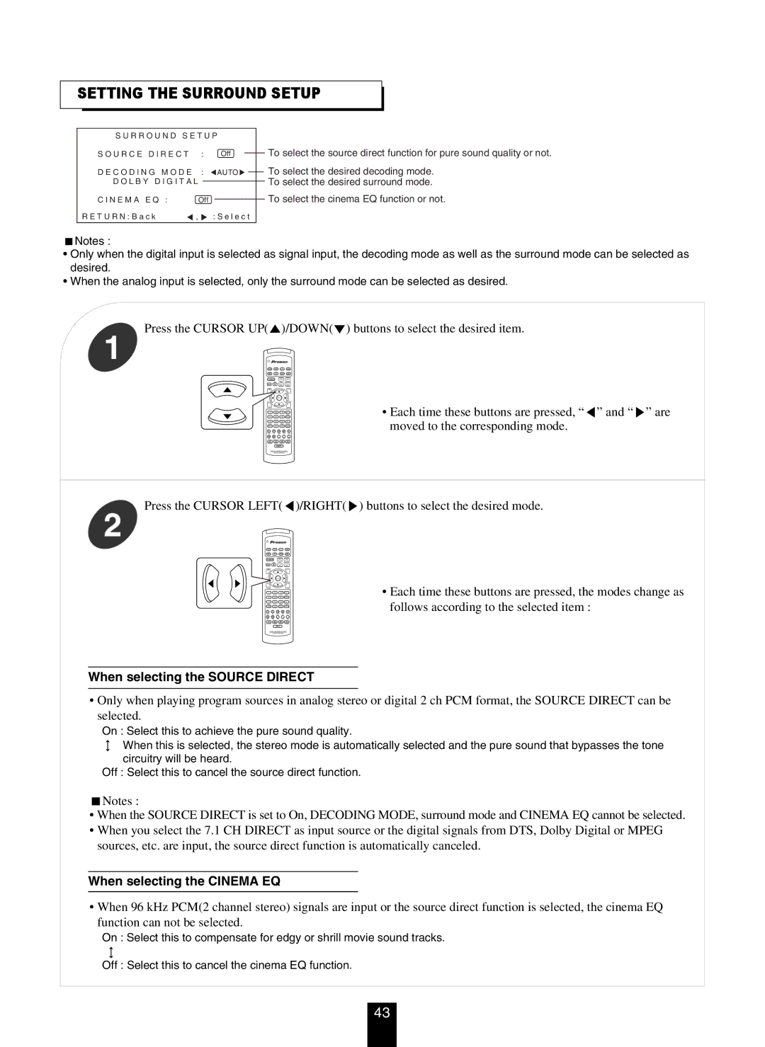 DTS RV4700 DTS-ES manual Setting the Surround Setup, When selecting the Source Direct, When selecting the Cinema EQ 