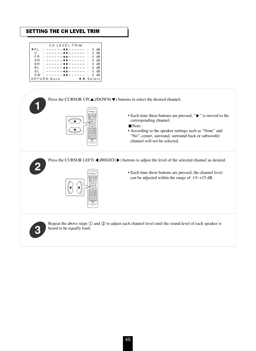 DTS RV4700 DTS-ES manual Setting the CH Level Trim 