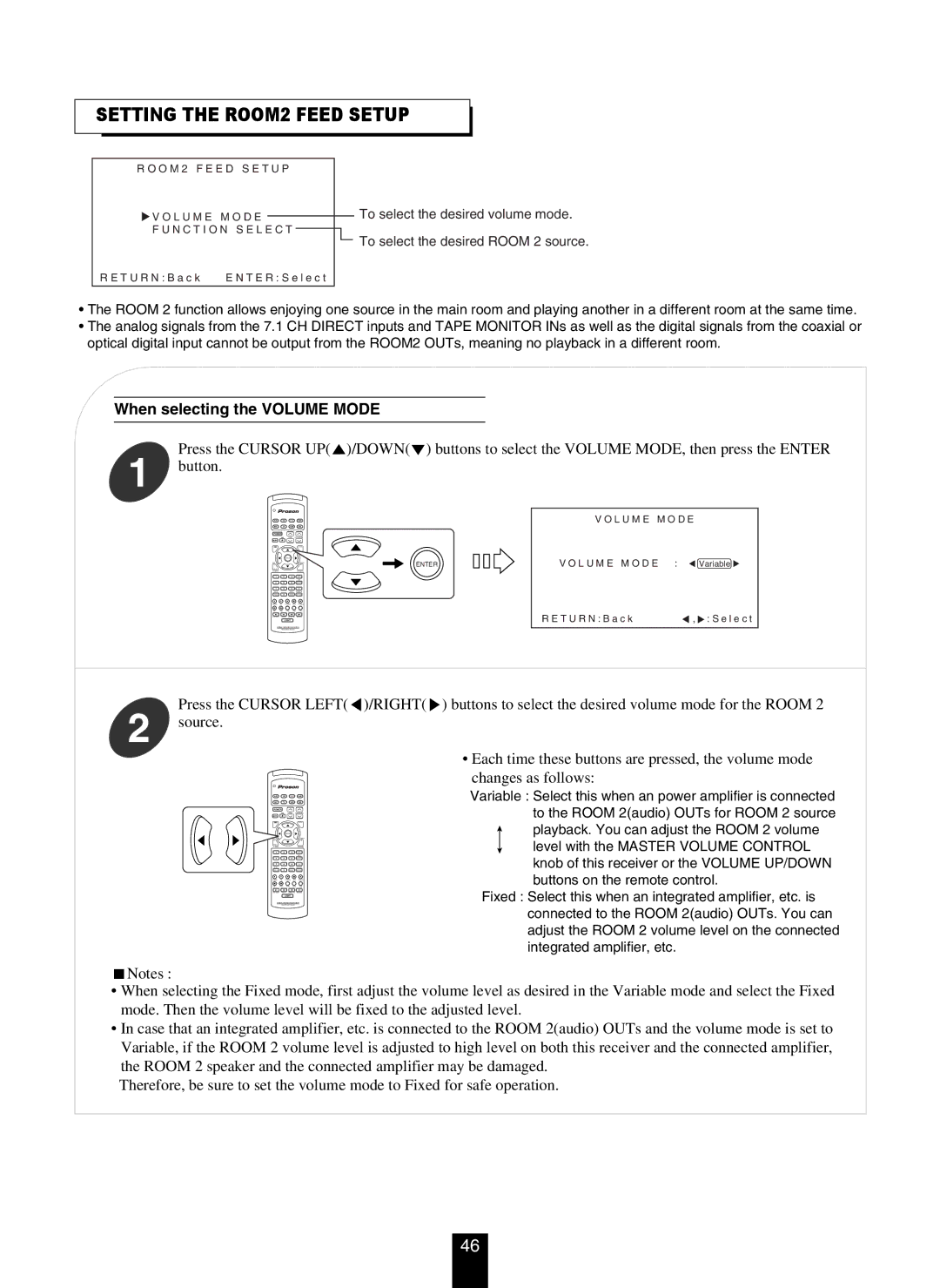 DTS RV4700 DTS-ES manual Setting the ROOM2 Feed Setup, When selecting the Volume Mode 