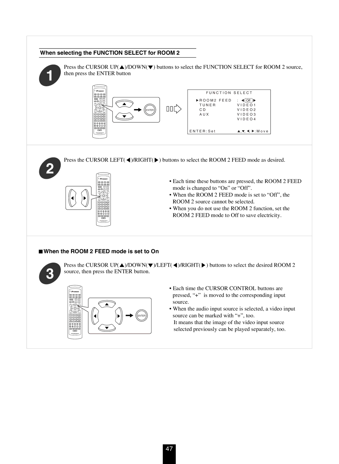 DTS RV4700 DTS-ES manual When selecting the Function Select for Room, When the Room 2 Feed mode is set to On 