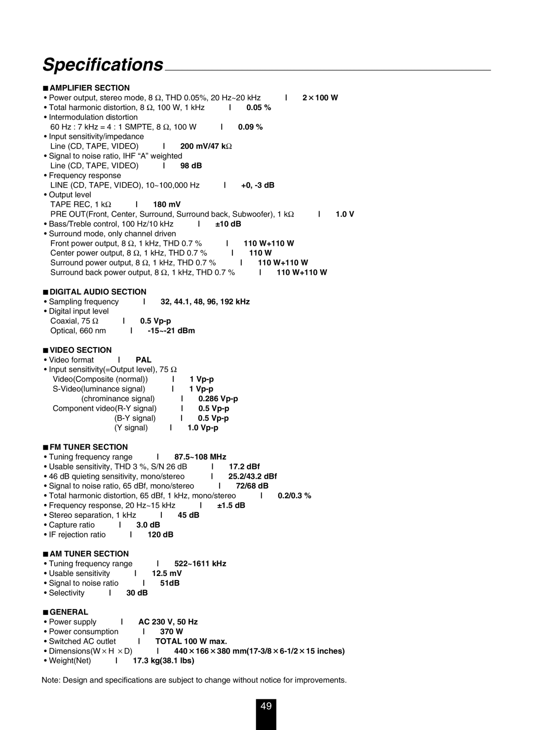 DTS RV4700 DTS-ES manual Specifications 