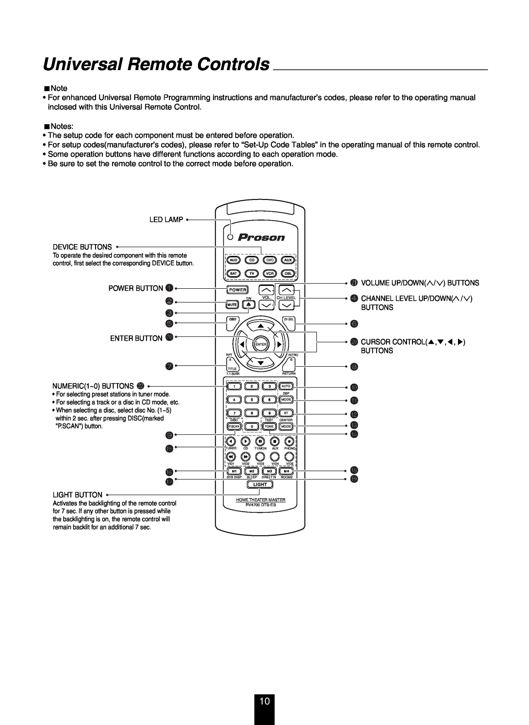 DTS RV4700 DTS-ES manual Universal Remote Controls 