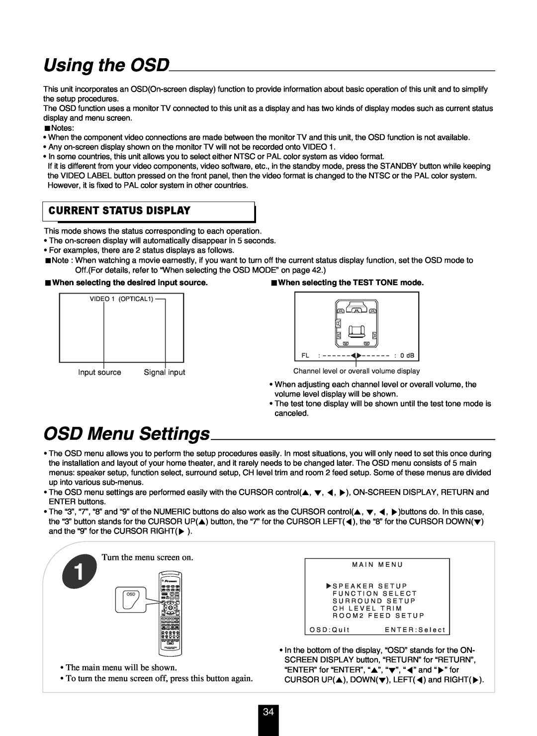 DTS RV4700 DTS-ES manual Using the OSD, OSD Menu Settings, Current Status Display, When selecting the desired input source 