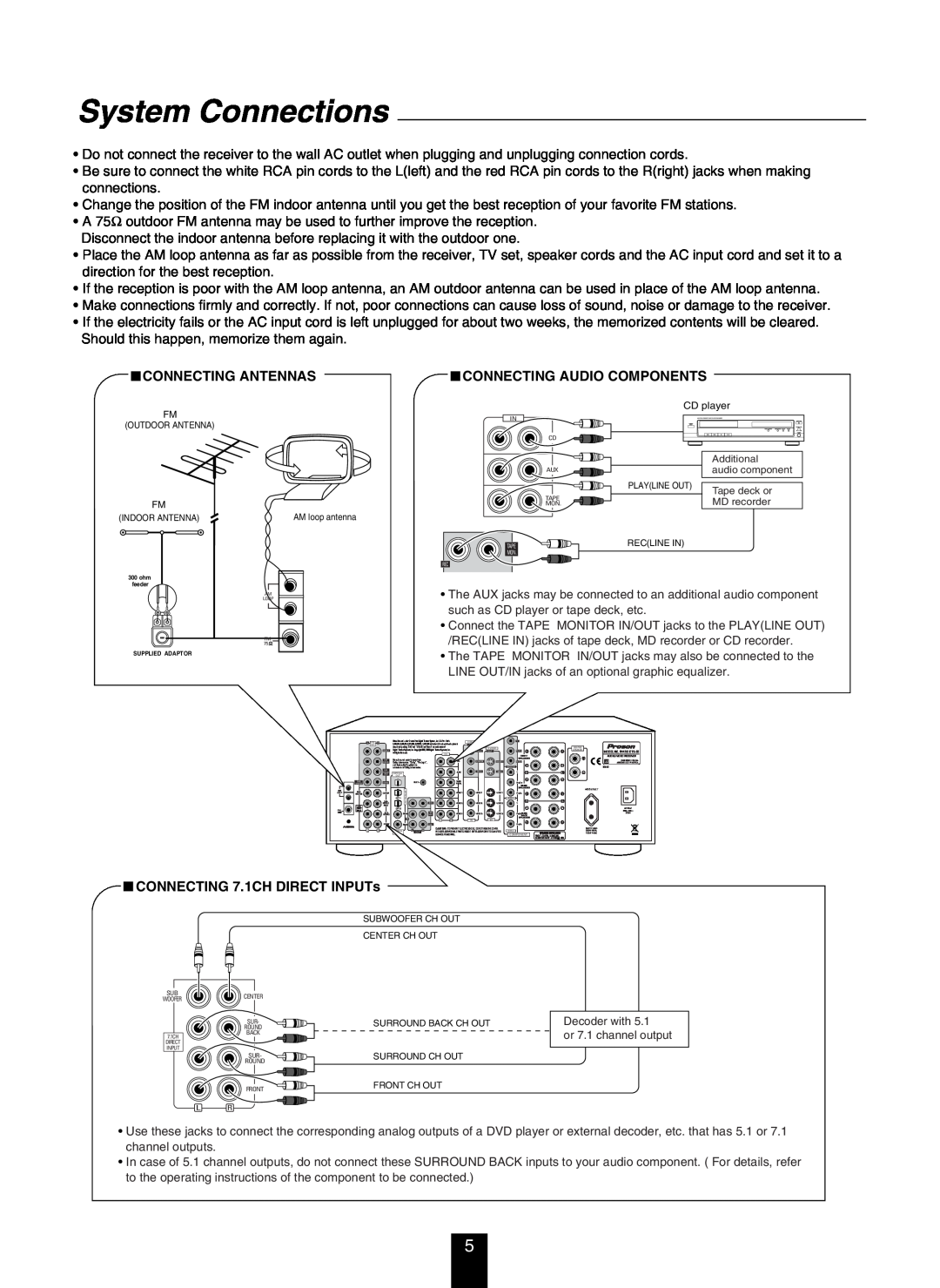 DTS RV4700 DTS-ES System Connections, Connecting Antennas, Connecting Audio Components, CONNECTING 7.1CH DIRECT INPUTs 