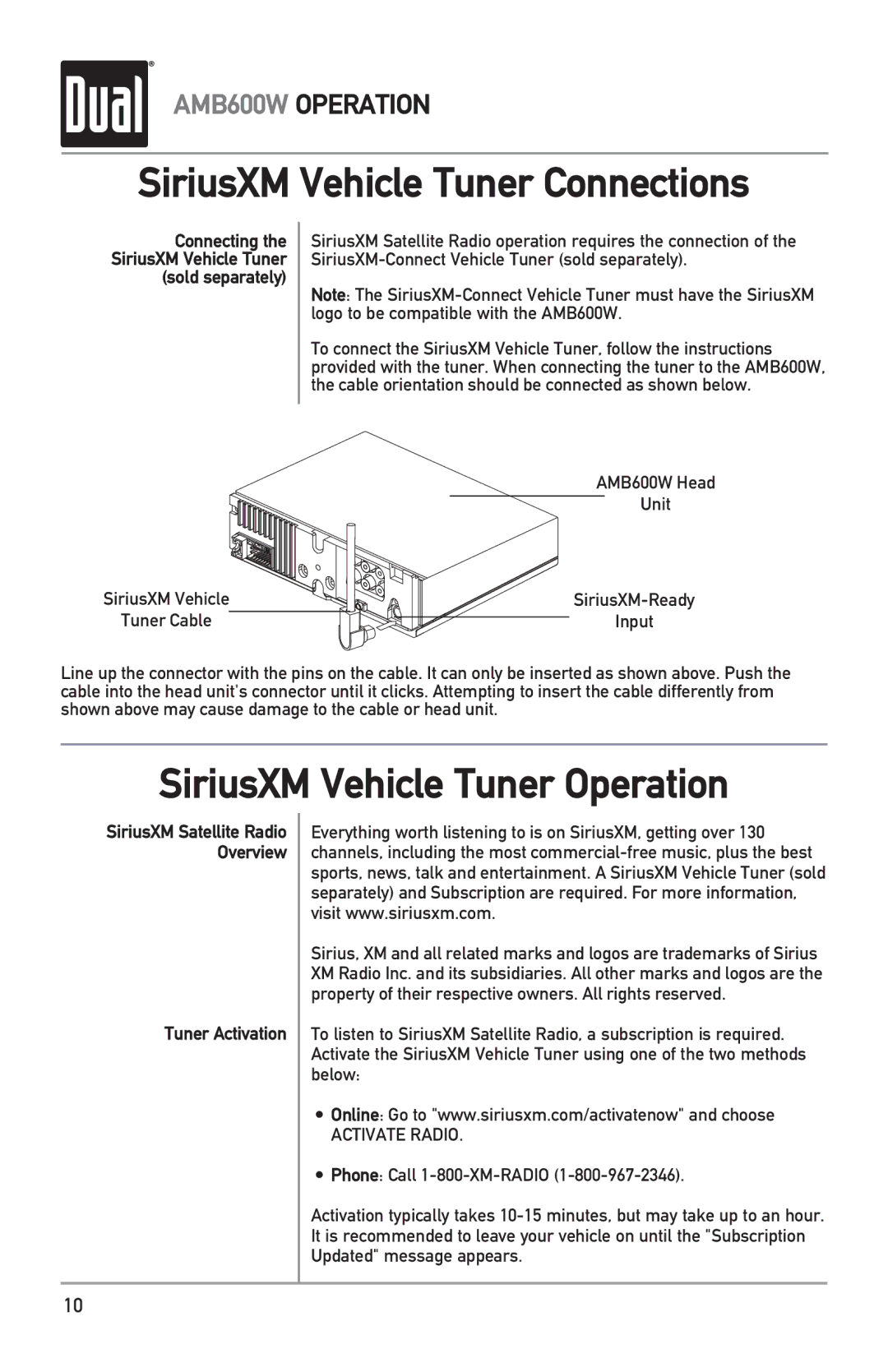 Dual AMB600W owner manual SiriusXM Vehicle Tuner Connections, SiriusXM Vehicle Tuner Operation 