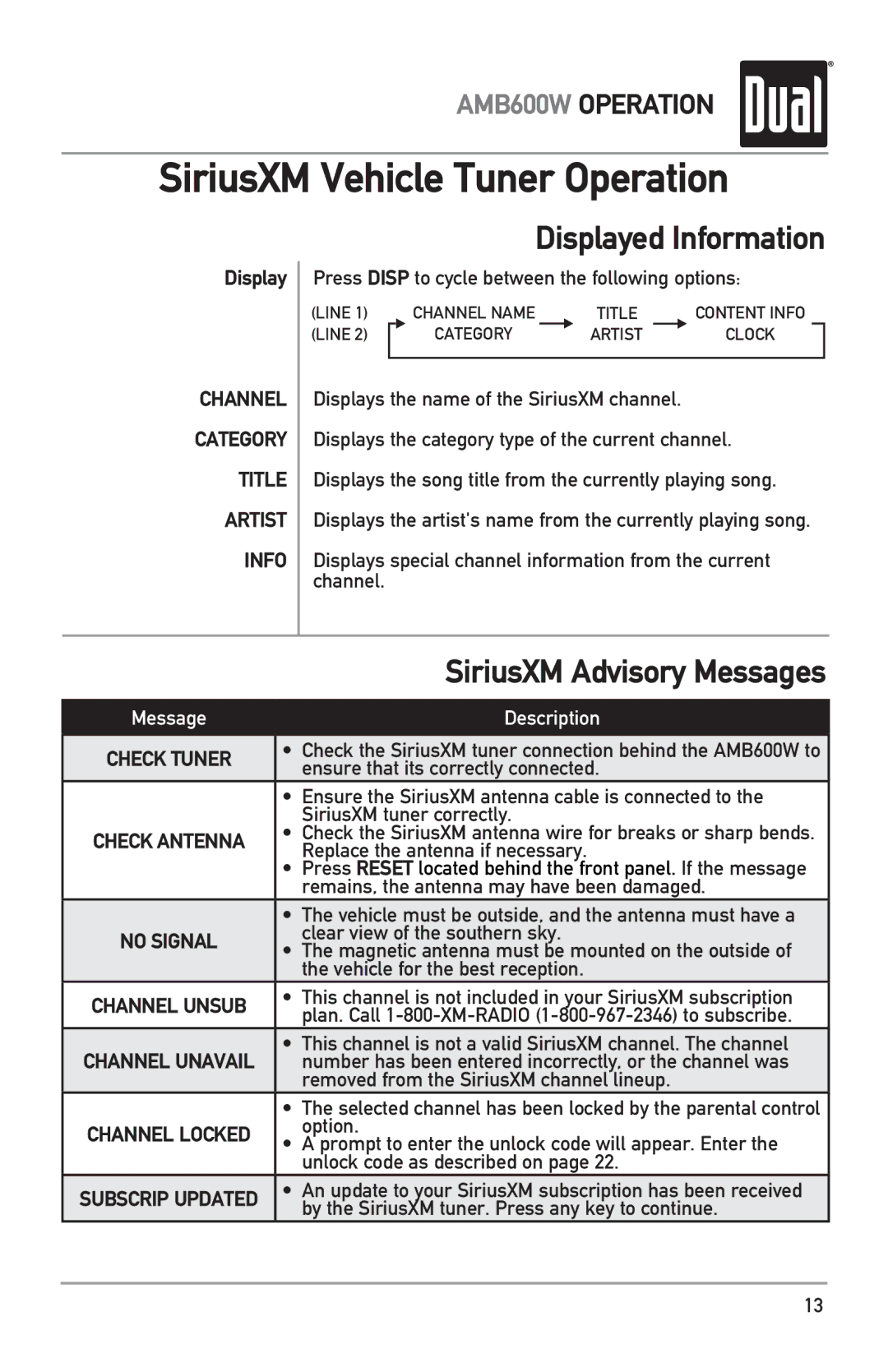 Dual AMB600W owner manual Displayed Information, SiriusXM Advisory Messages 