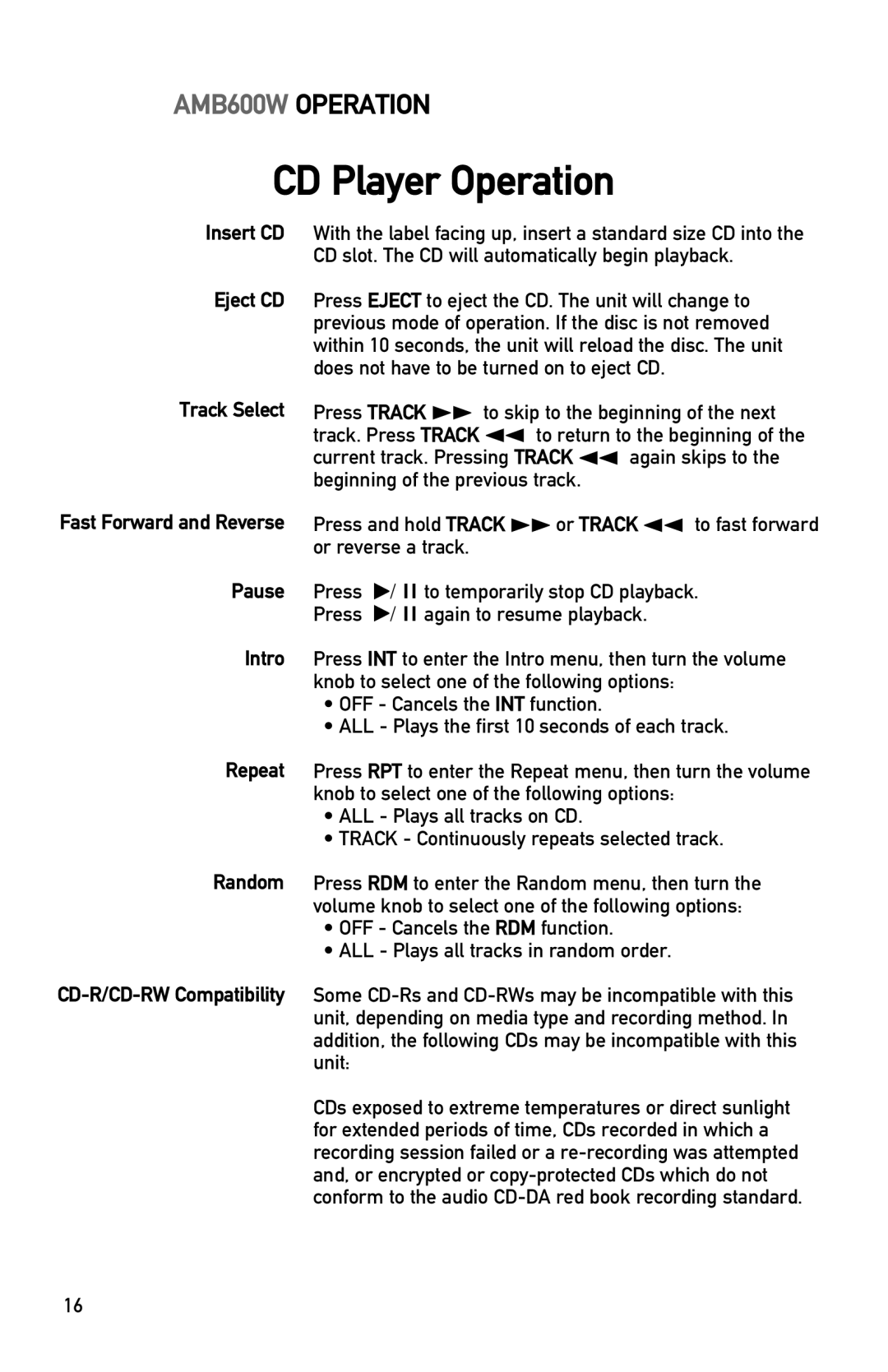Dual AMB600W owner manual CD Player Operation 