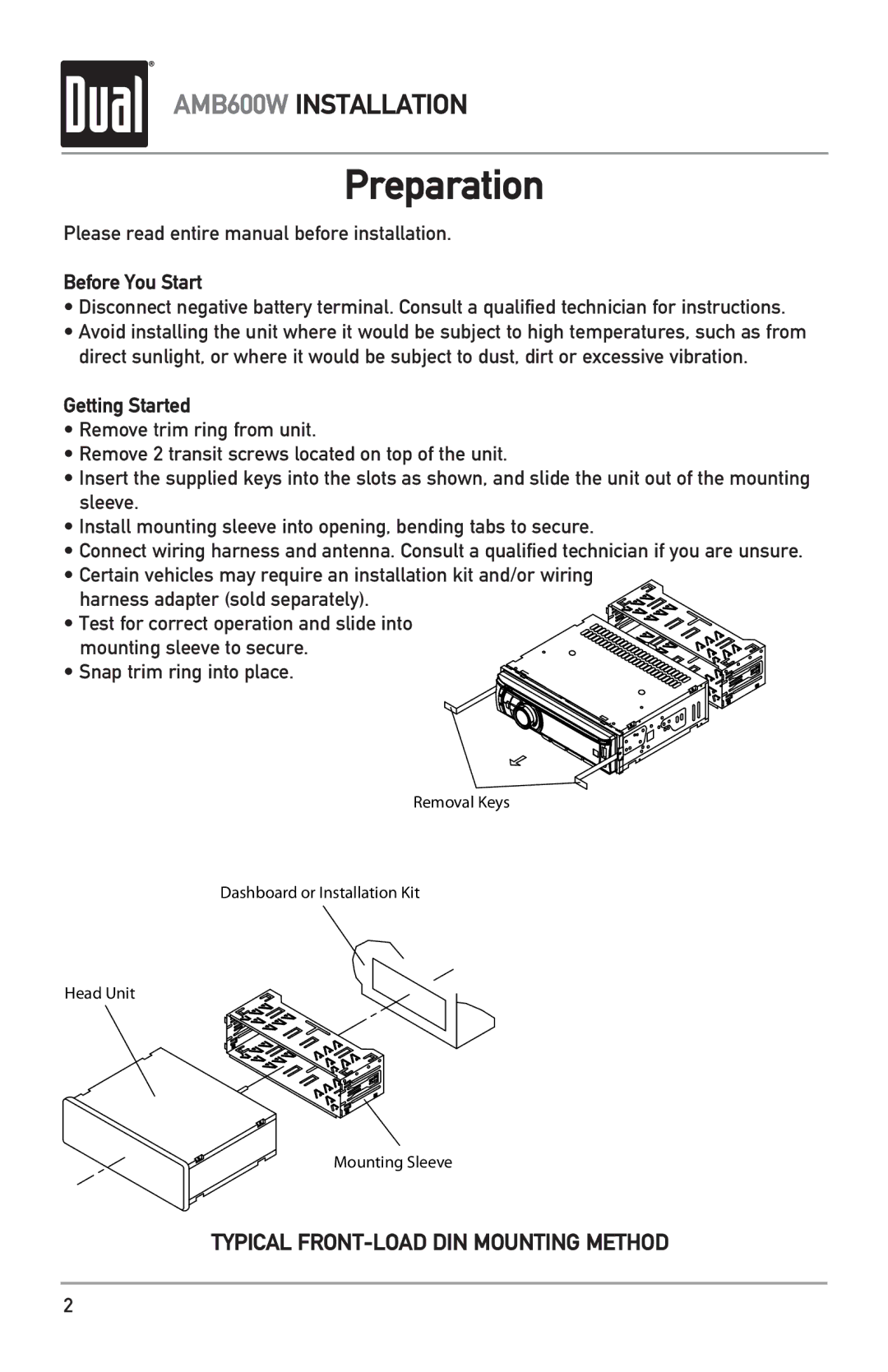 Dual AMB600W owner manual Preparation, Before You Start, Getting Started 