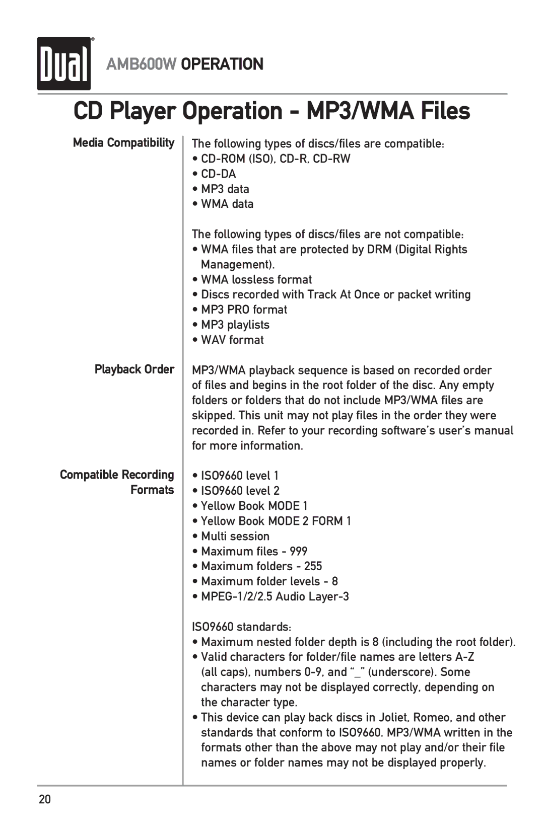 Dual AMB600W owner manual Media Compatibility Playback Order, Cd-Rom Iso, Cd-R, Cd-Rw Cd-Da 