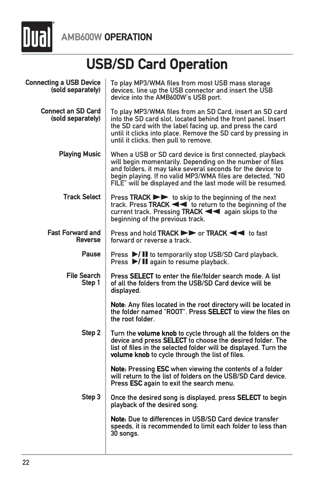 Dual AMB600W owner manual USB/SD Card Operation 