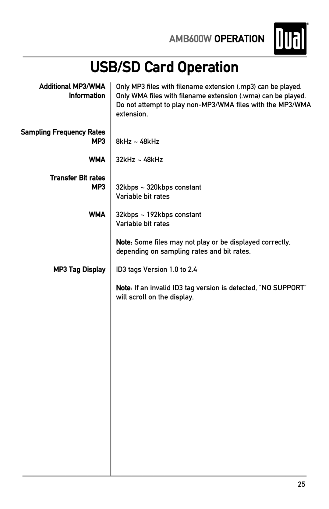 Dual AMB600W owner manual Transfer Bit rates, MP3 Tag Display 