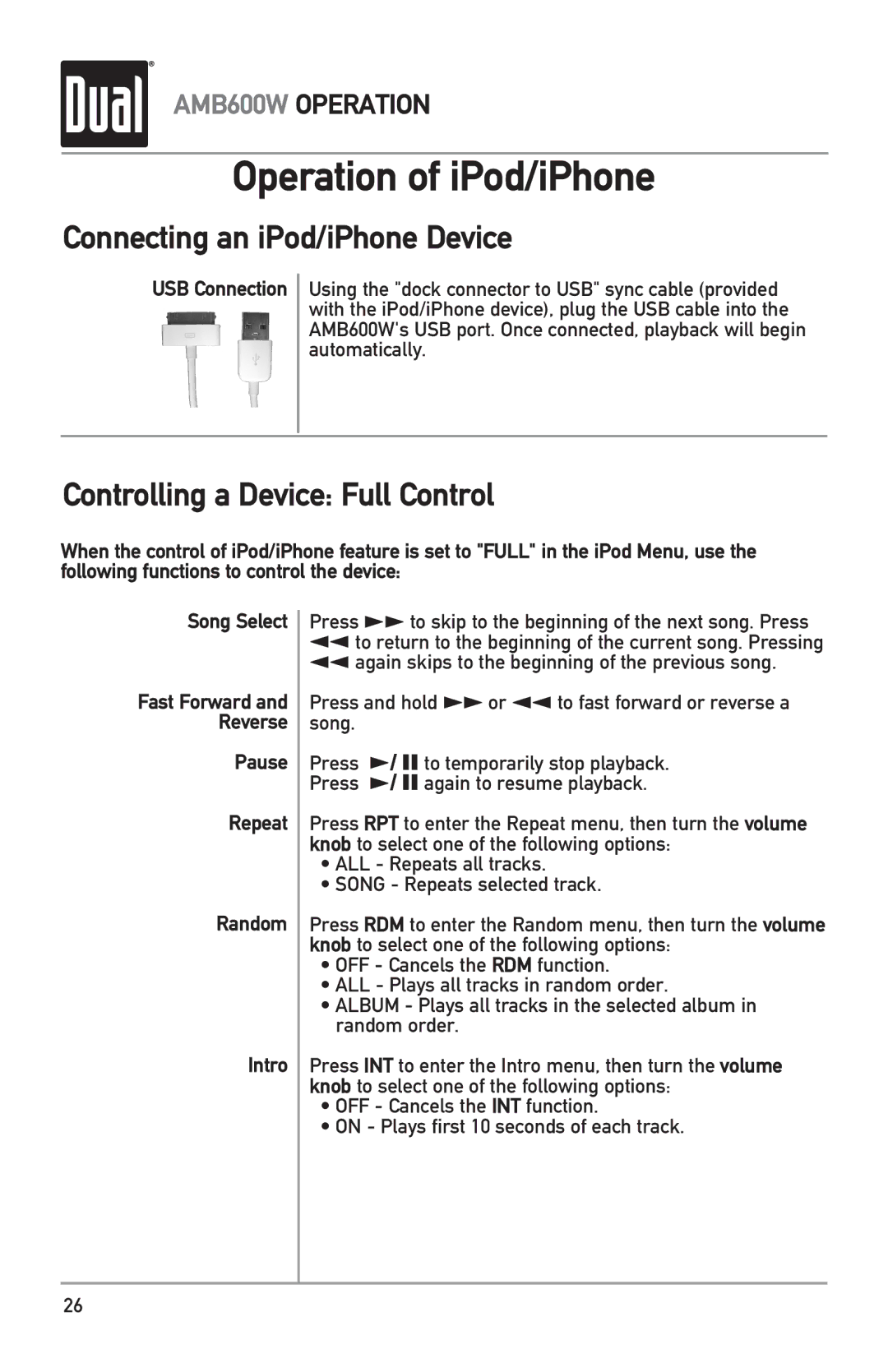 Dual AMB600W Operation of iPod/iPhone, Connecting an iPod/iPhone Device, Controlling a Device Full Control, USB Connection 