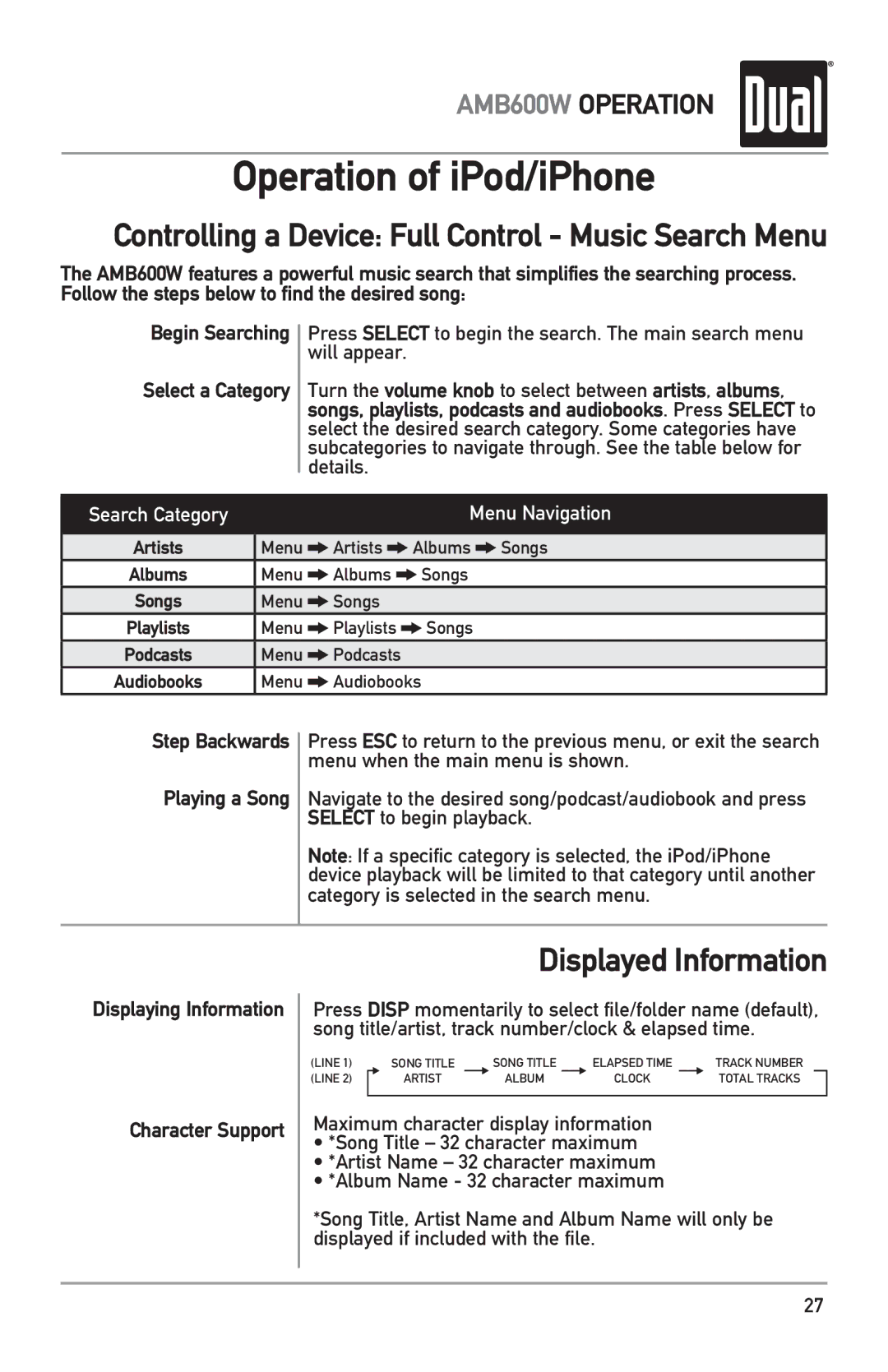 Dual AMB600W owner manual Playing a Song, Displaying Information Character Support 