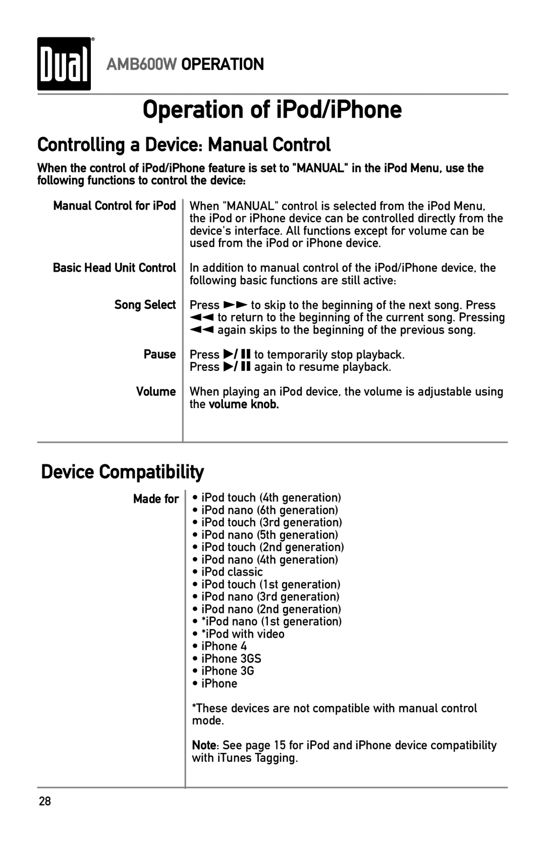 Dual AMB600W owner manual Controlling a Device Manual Control, Device Compatibility, Made for 