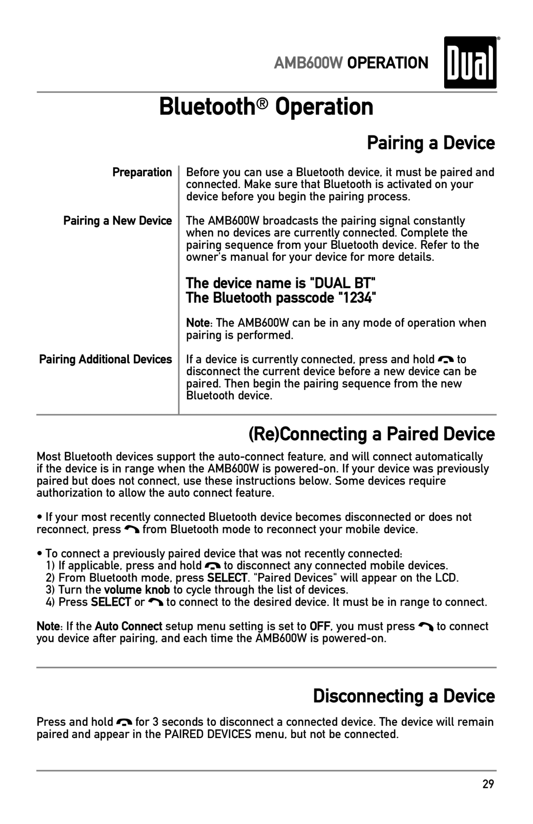 Dual AMB600W owner manual Bluetooth Operation, Pairing a Device, ReConnecting a Paired Device, Disconnecting a Device 