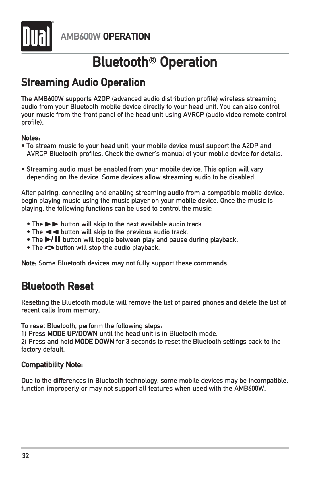 Dual AMB600W owner manual Streaming Audio Operation, Bluetooth Reset 