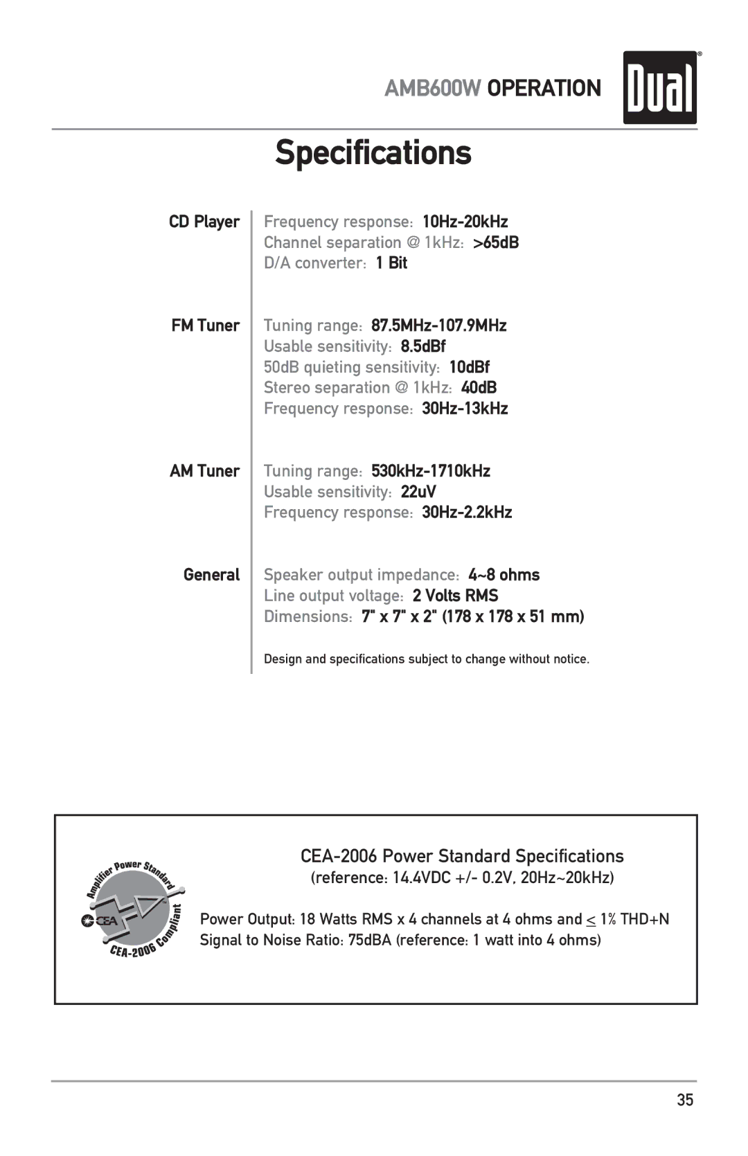 Dual AMB600W owner manual Specifications, CD Player FM Tuner AM Tuner General, Tuning range 87.5MHz-107.9MHz 