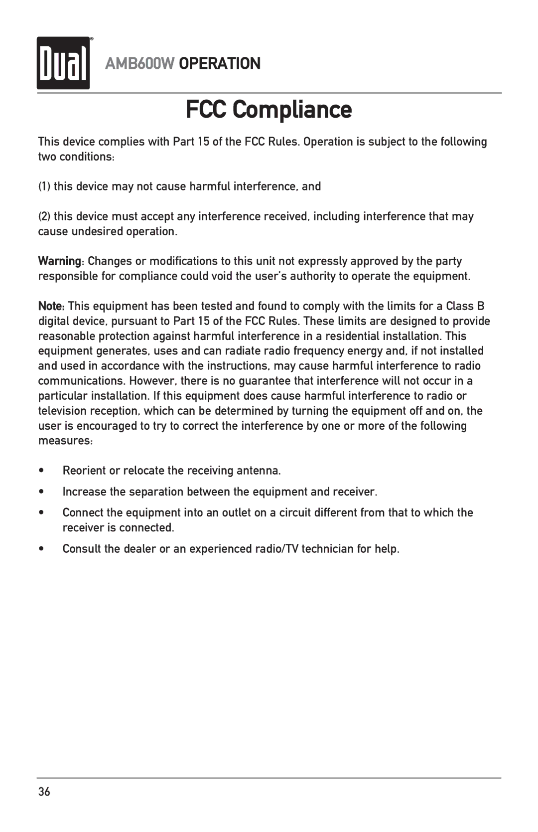 Dual AMB600W owner manual FCC Compliance 