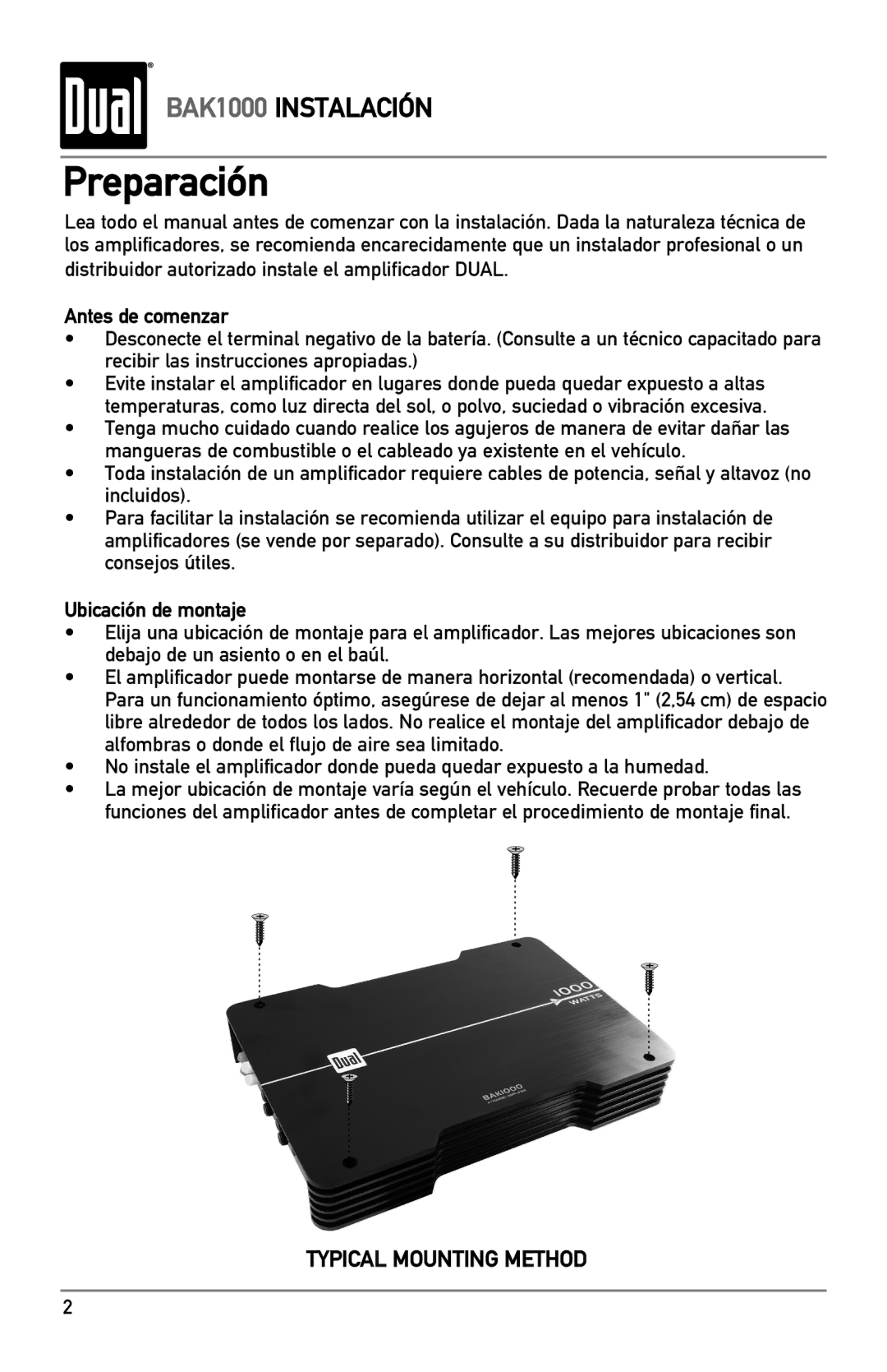 Dual BAK1000 manual Preparación, Antes de comenzar, Ubicación de montaje 