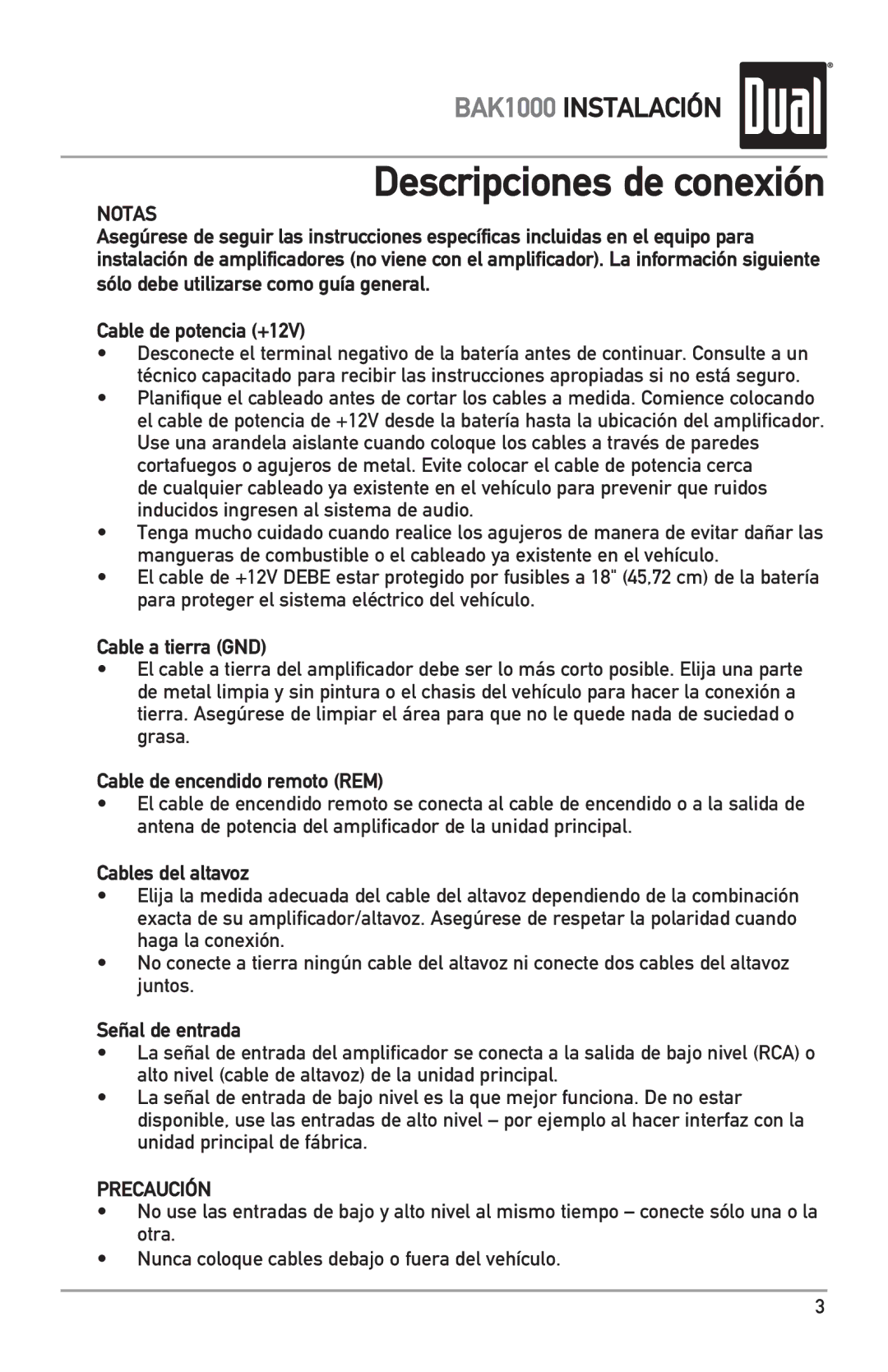 Dual BAK1000 manual Descripciones de conexión, Cable a tierra GND, Cable de encendido remoto REM, Cables del altavoz 