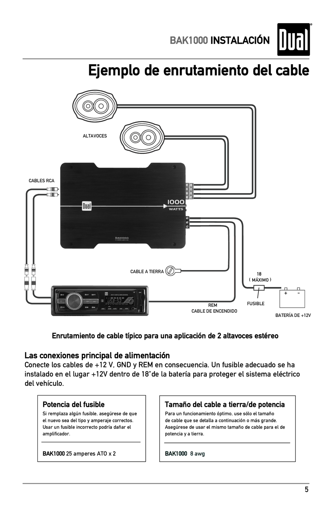 Dual BAK1000 manual Potencia del fusible, Tamaño del cable a tierra/de potencia 