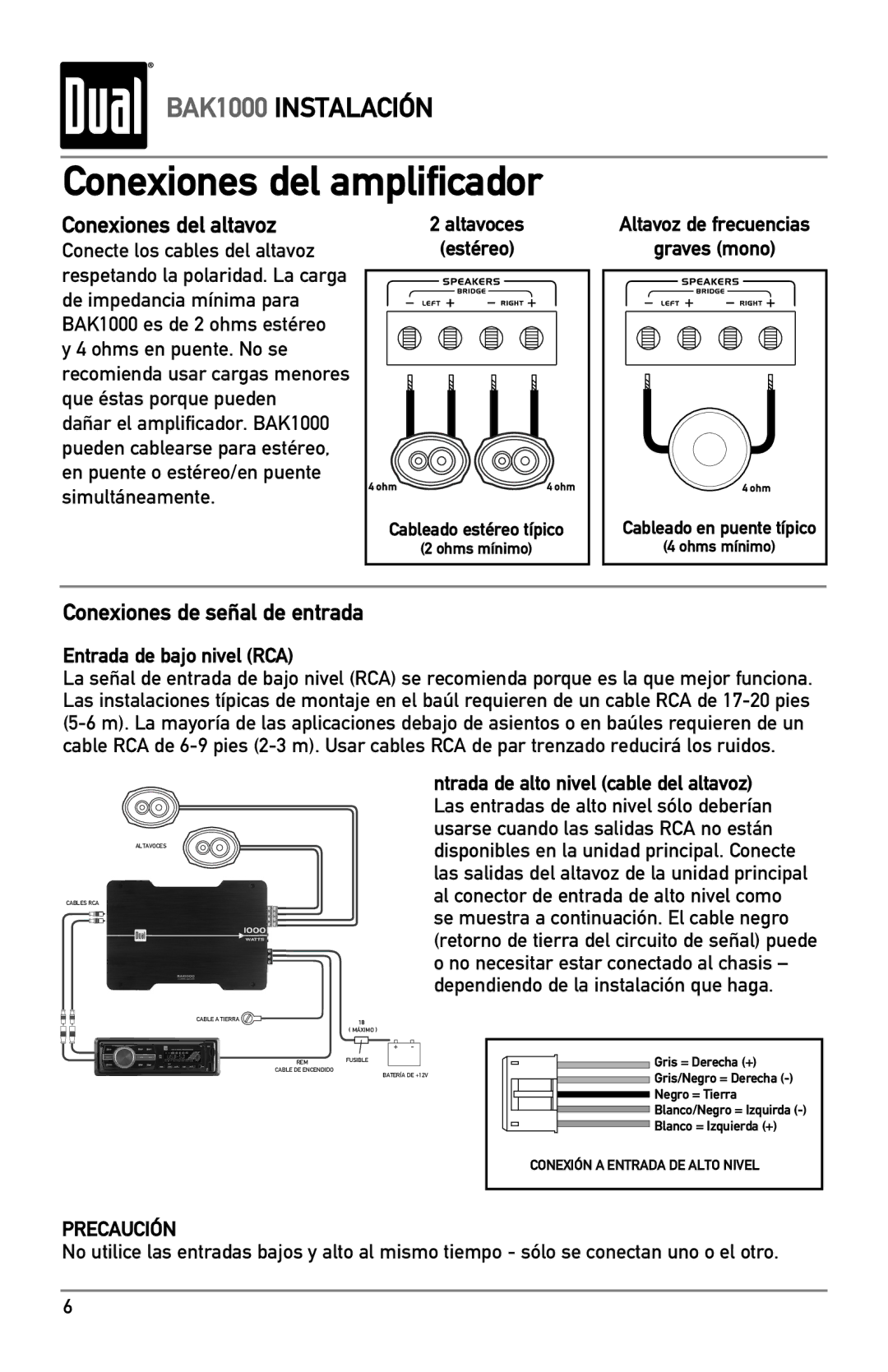 Dual BAK1000 manual Conexiones del amplificador, Altavoz de frecuencias Graves mono, Entrada de bajo nivel RCA 