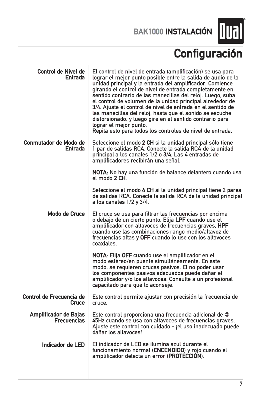 Dual BAK1000 manual Configuración, Modo de Cruce, Indicador de LED 