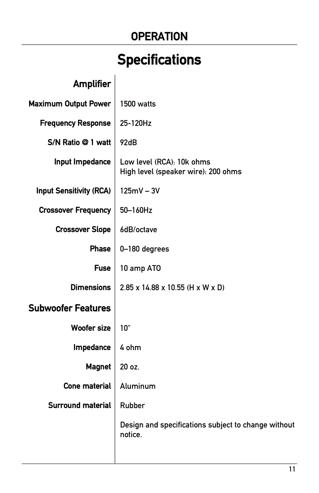 Dual BAK1500 owner manual Specifications, Frequency Response Ratio @ 1 watt Input Impedance 