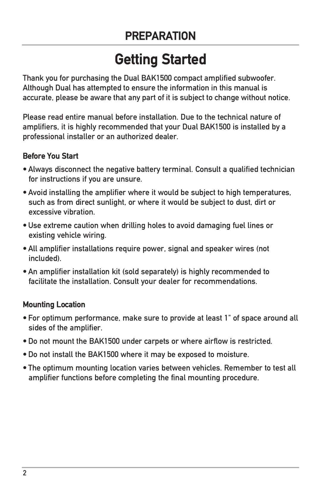 Dual BAK1500 owner manual Getting Started, Before You Start, Mounting Location 
