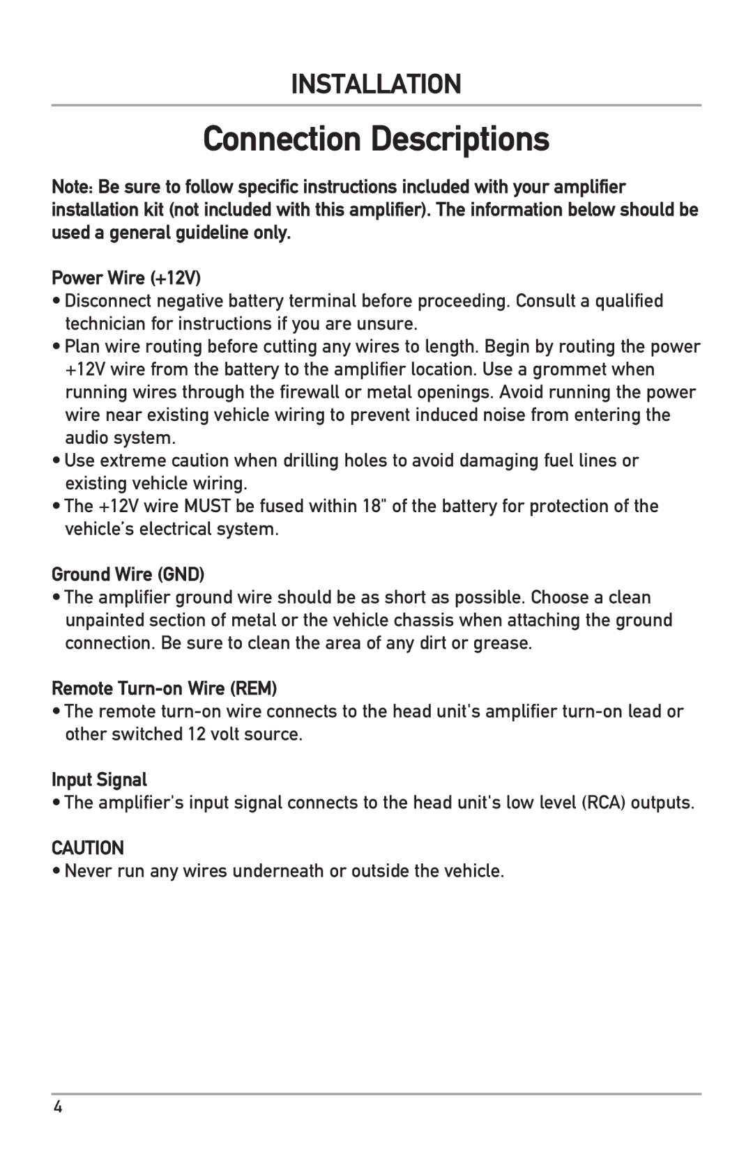 Dual BAK1500 owner manual Connection Descriptions, Power Wire +12V, Ground Wire GND, Remote Turn-on Wire REM, Input Signal 