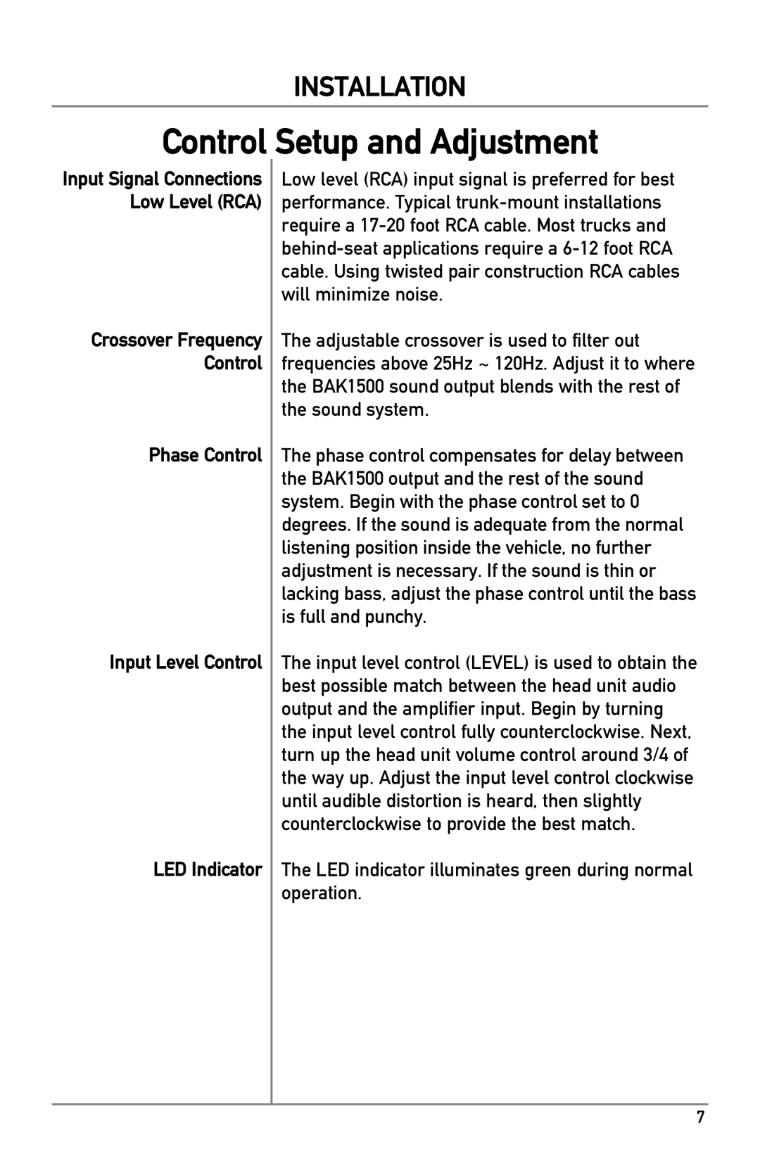 Dual BAK1500 owner manual Control Setup and Adjustment, Phase Control Input Level Control LED Indicator 