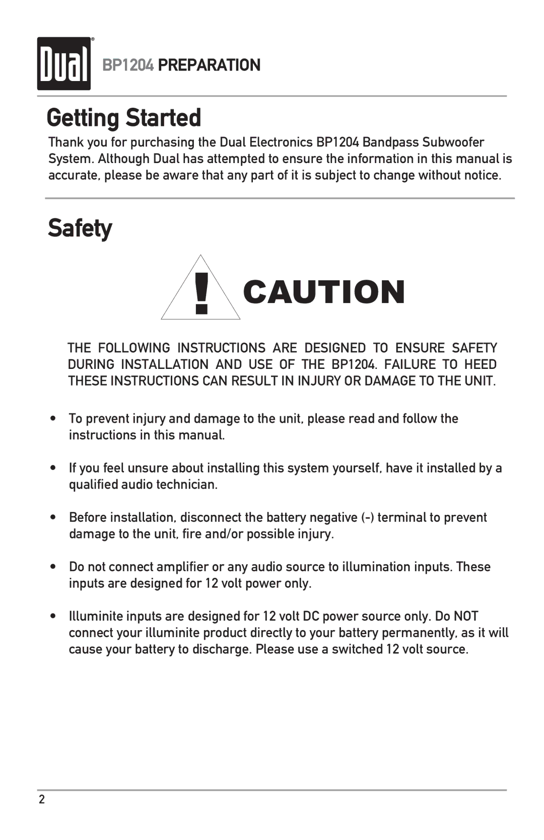 Dual BP104, BP1204 owner manual Getting Started, Safety 