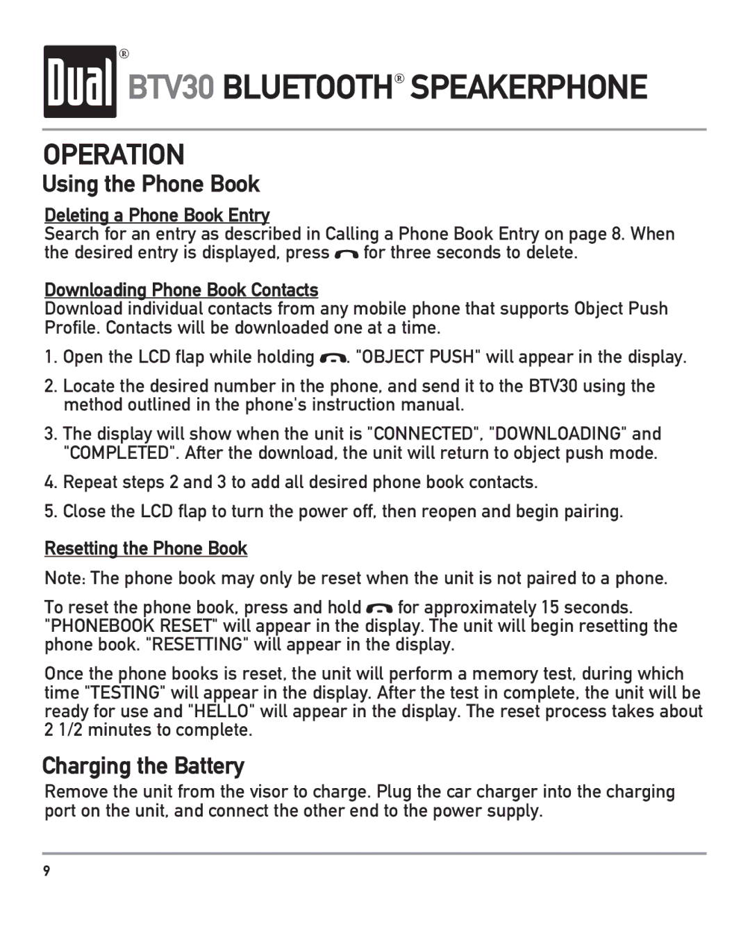 Dual BTV30 Charging the Battery, Deleting a Phone Book Entry, Downloading Phone Book Contacts, Resetting the Phone Book 