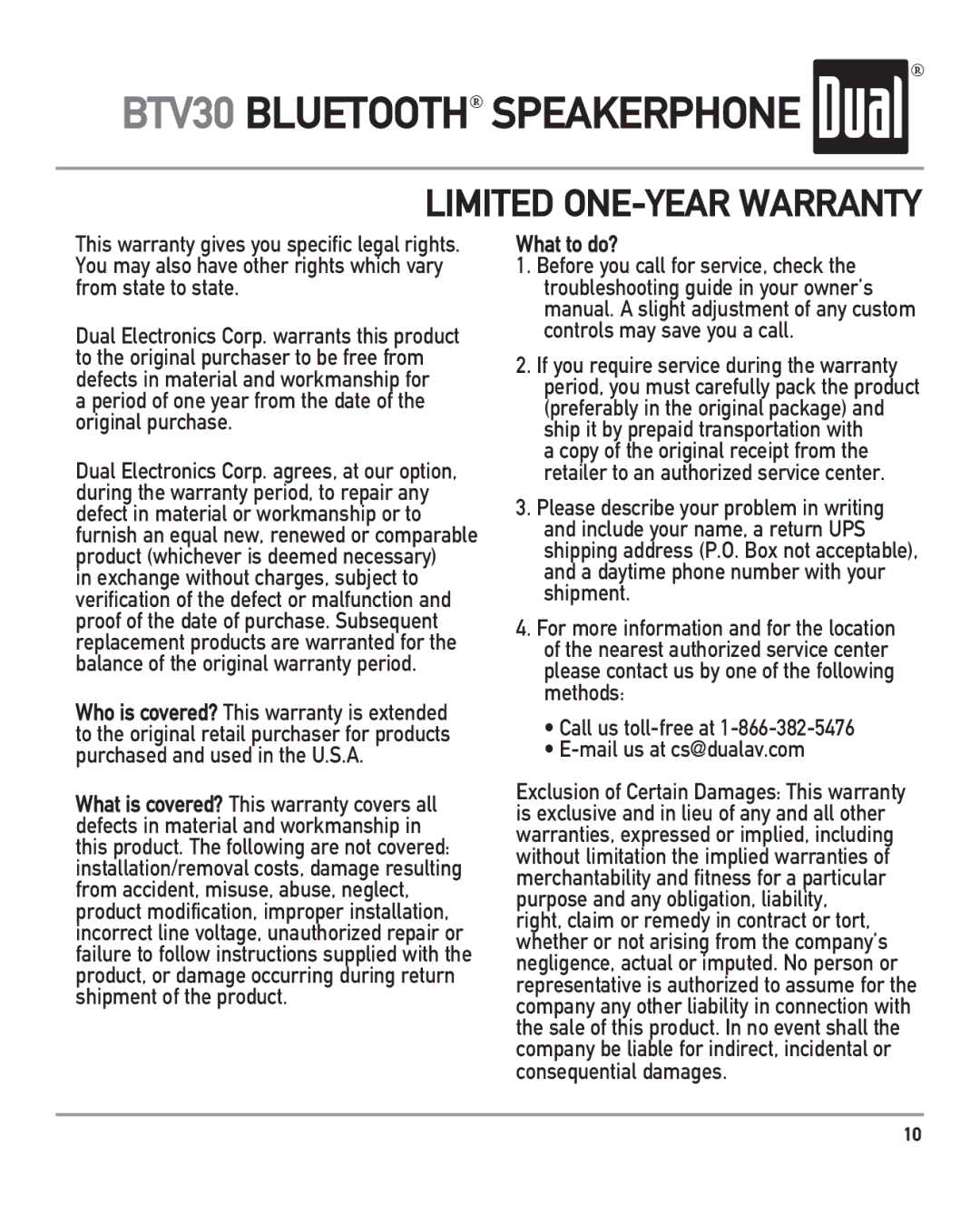 Dual BTV30 owner manual Limited ONE-YEAR Warranty 