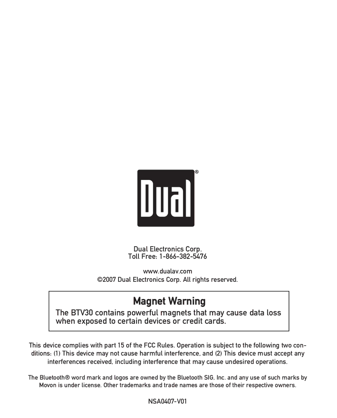 Dual BTV30 owner manual Magnet Warning 