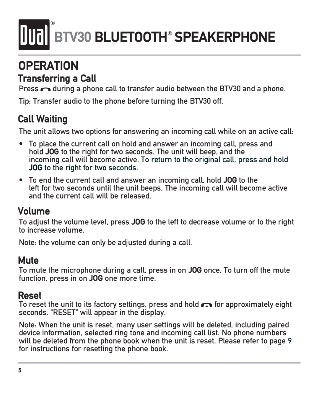 Dual BTV30 owner manual Transferring a Call, Call Waiting, Volume, Mute, Reset 