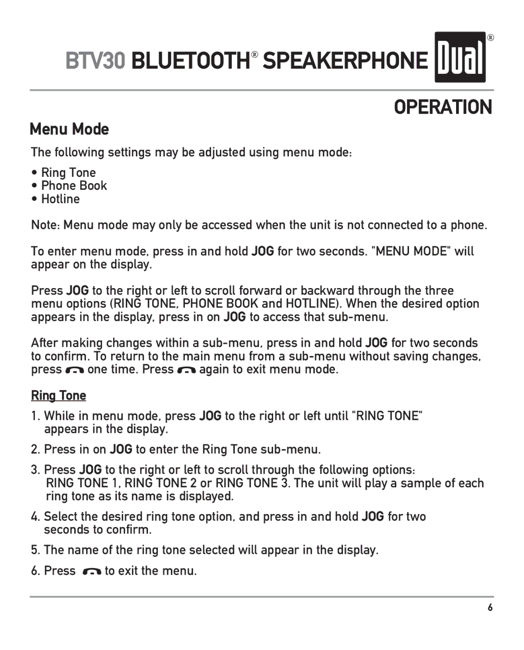 Dual BTV30 owner manual Menu Mode, Ring Tone 