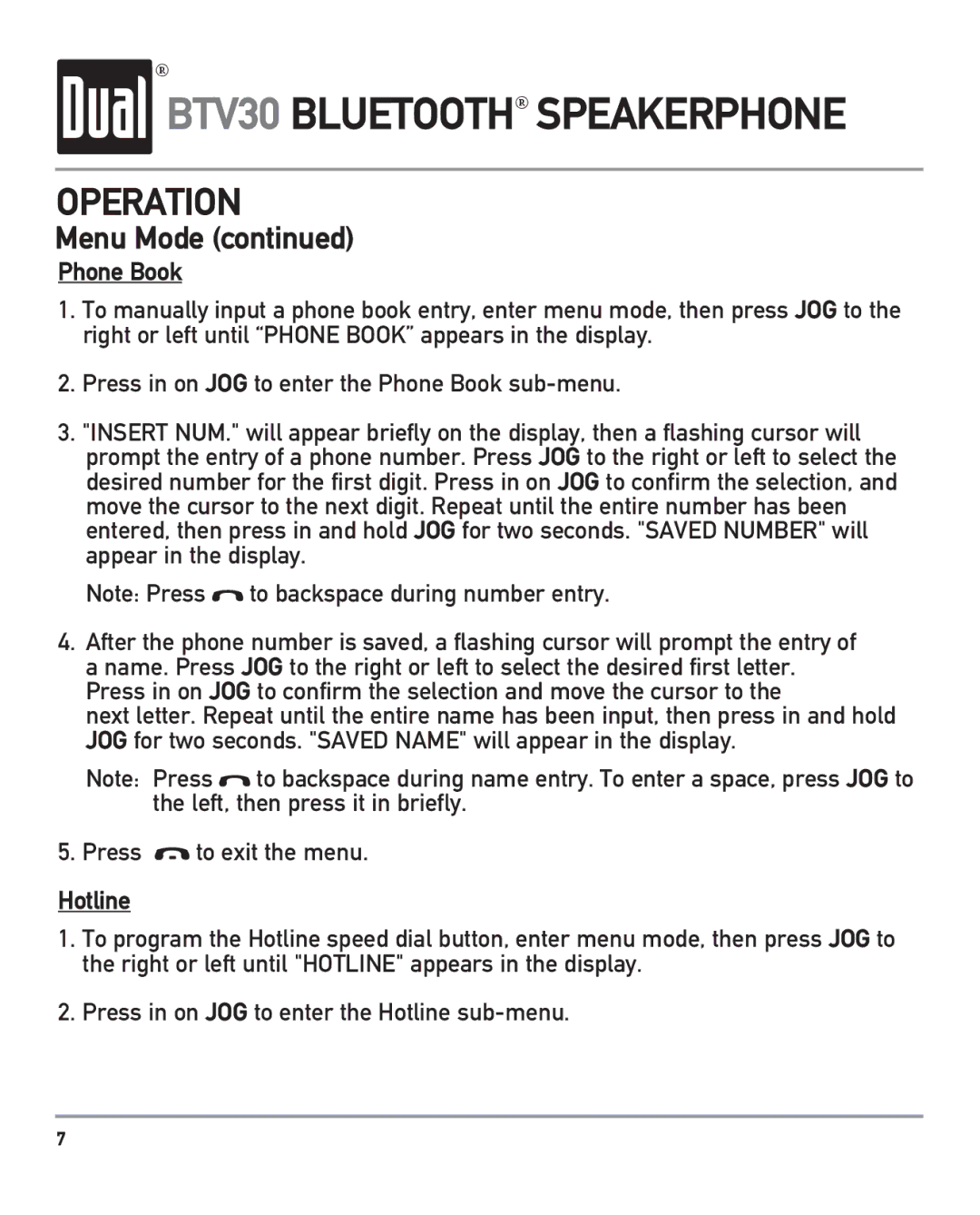 Dual BTV30 owner manual Phone Book, Hotline 