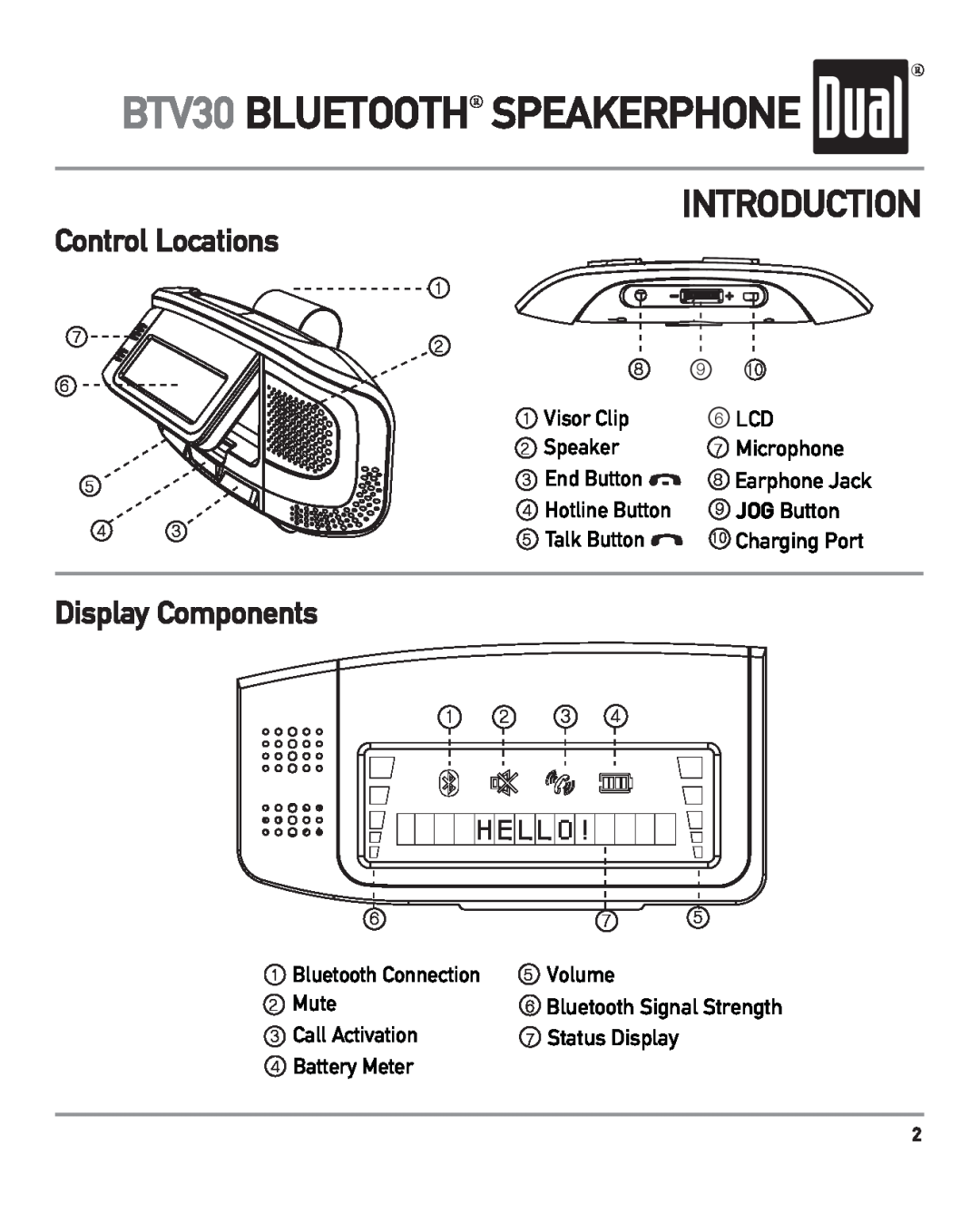 Dual owner manual BTV30 BLUETOOTH SPEAKERPHONE, Control Locations, Display Components, Introduction 