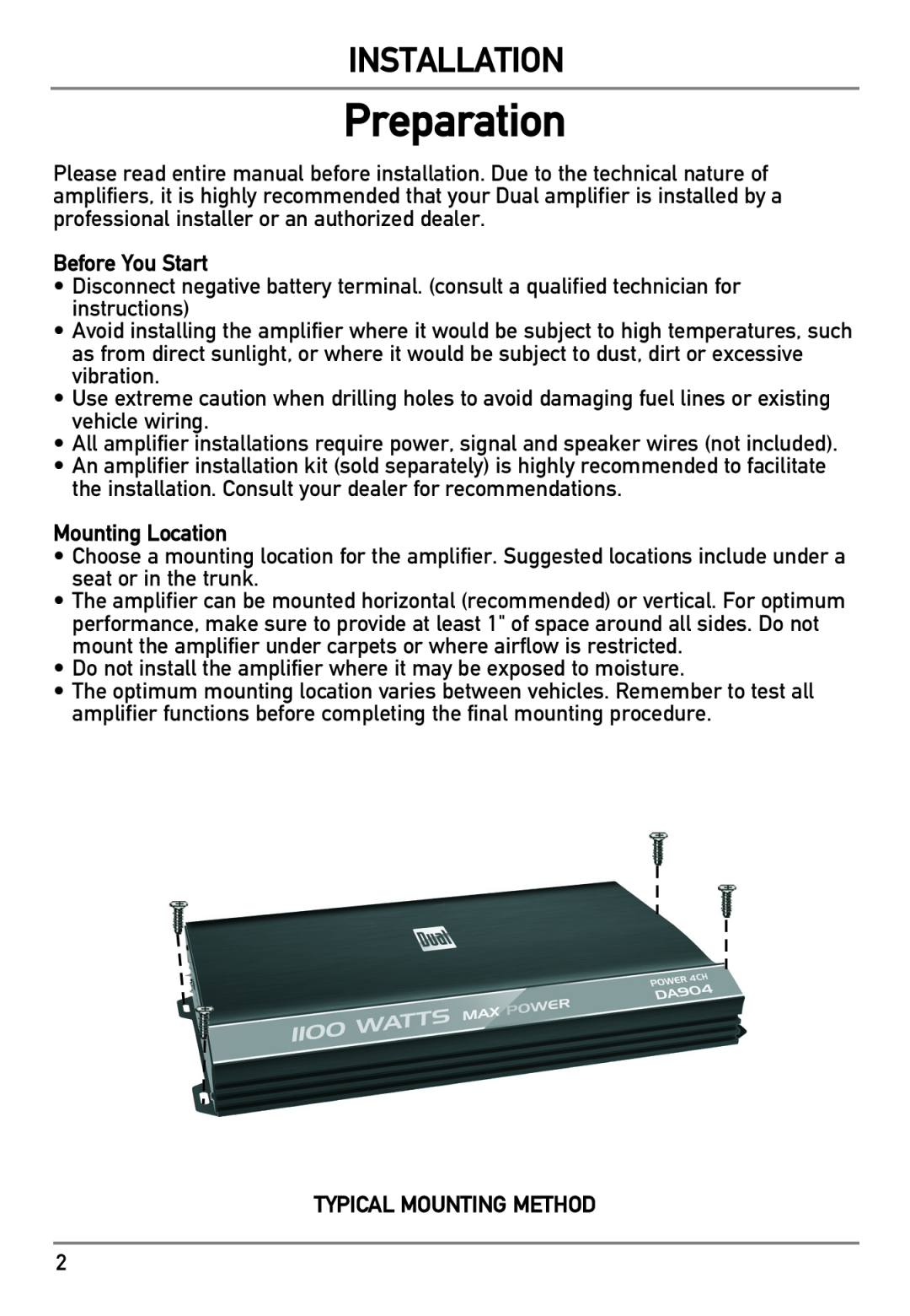 Dual DA304 owner manual Preparation, Installation, Before You Start, Mounting Location, Typical Mounting Method 