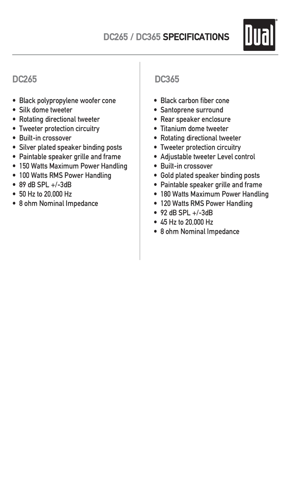 Dual owner manual DC265 / DC365 Specifications 