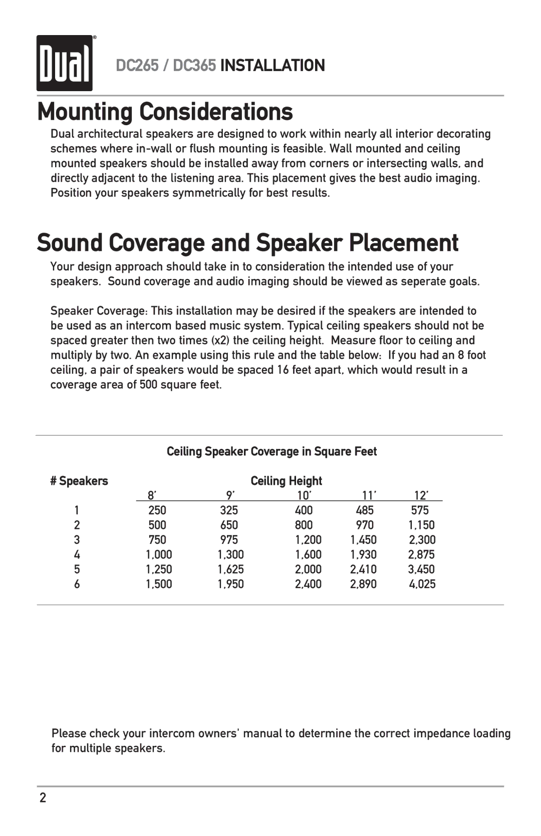 Dual DC365, DC265 owner manual Mounting Considerations, Sound Coverage and Speaker Placement 