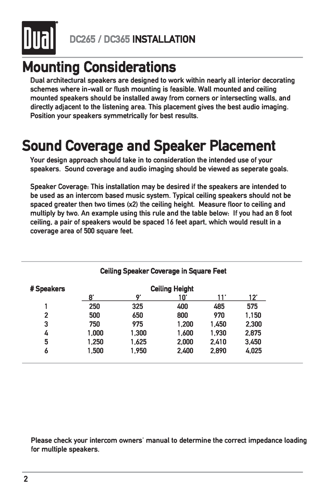 Dual owner manual Mounting Considerations, Sound Coverage and Speaker Placement, DC265 / DC365 INSTALLATION, # Speakers 
