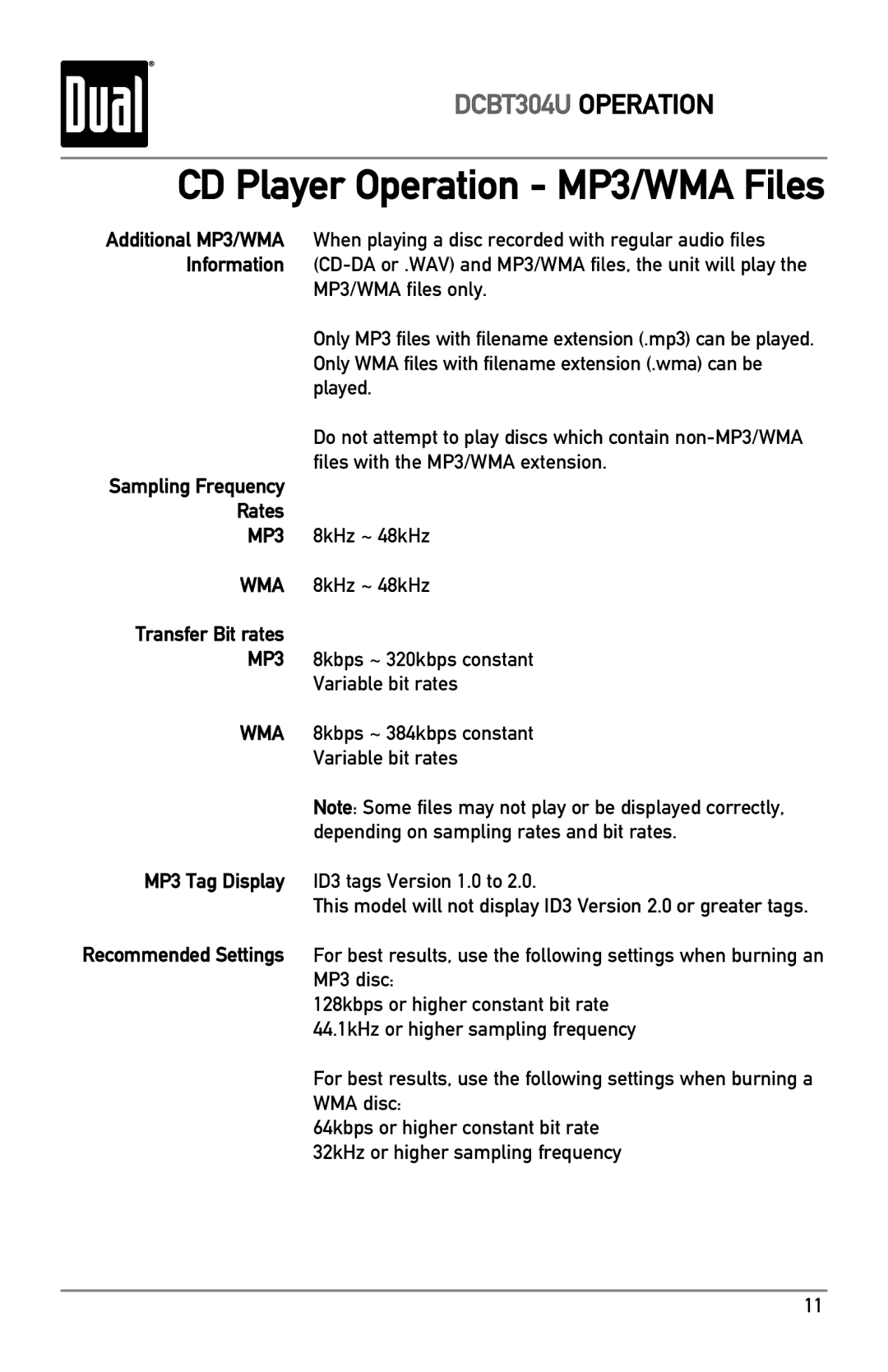 Dual DCBT304U owner manual Sampling Frequency Rates, Transfer Bit rates, MP3 Tag Display Recommended Settings 