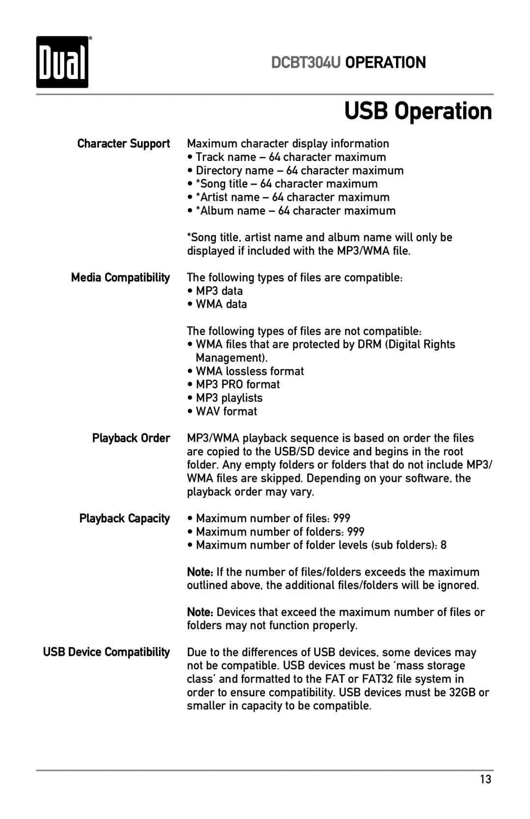 Dual DCBT304U owner manual USB Operation 