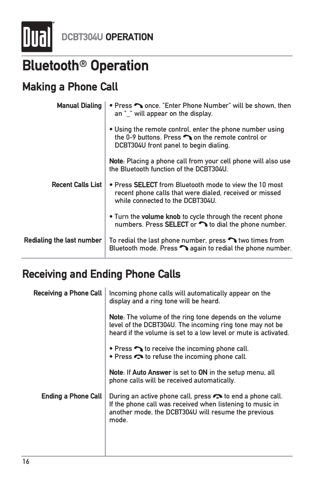 Dual DCBT304U Making a Phone Call, Receiving and Ending Phone Calls, Receiving a Phone Call Ending a Phone Call 